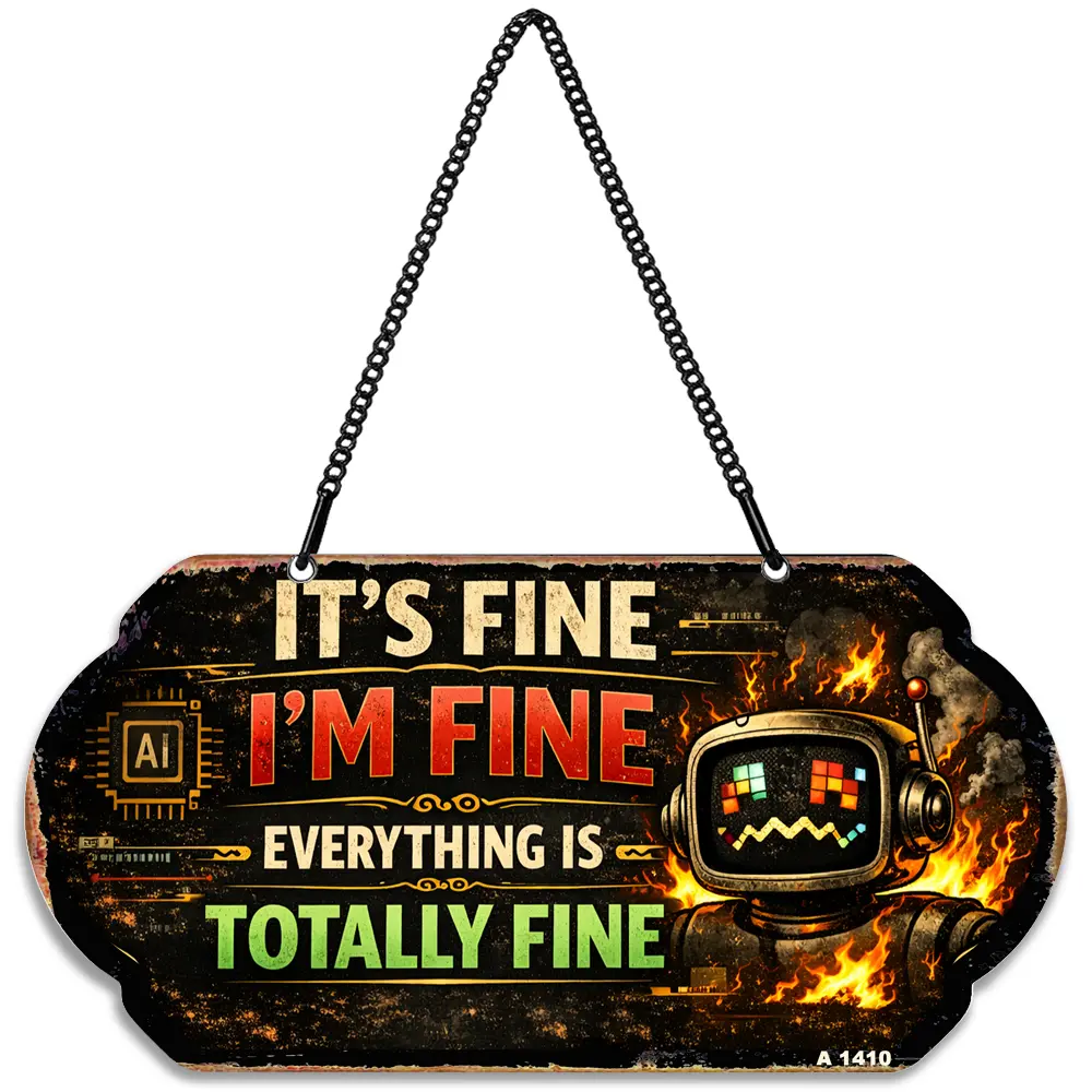 It's Fine I'm Fine Everything is Totally Fine Sign, 10x5" Funny AI Robot Fire Metal Hanging Plaque with Chain, Heavy Duty 50 Mil Aluminum Sarcastic Office Decor, Desktop Wall Art, 1-Pack