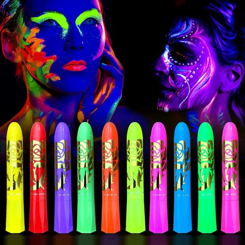 6-Pack Neon UV Reactive Face Paint Crayons - Water-Based, Long-Lasting, Easy to Remove Body Paint for All Skin Types, Ideal for Festivals, Night Parties, Clown Makeup