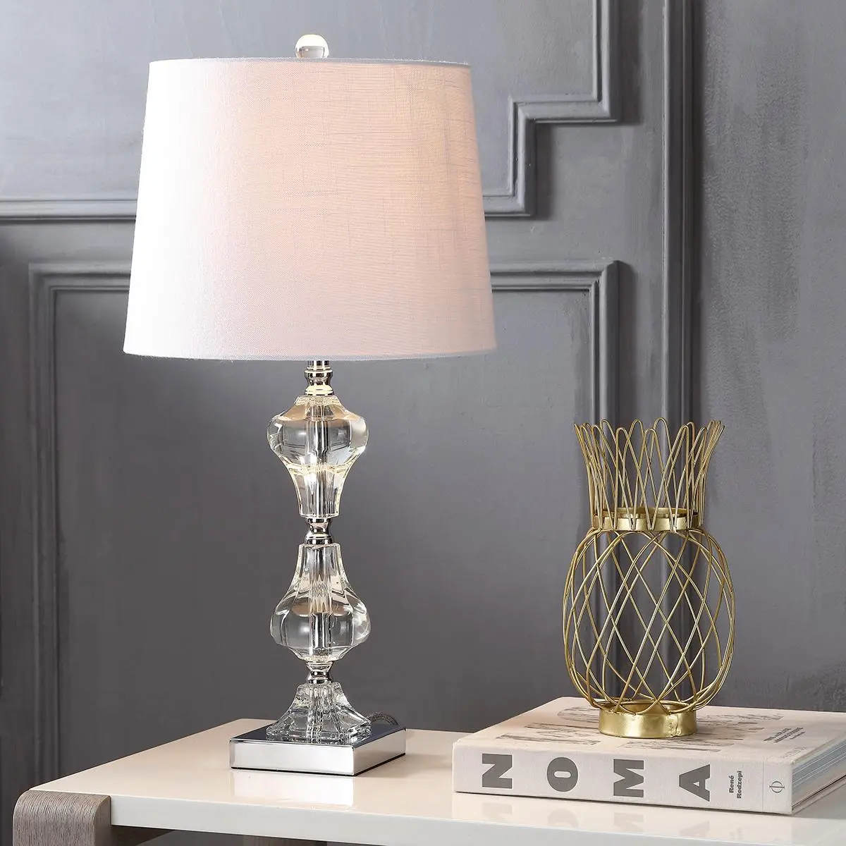 JONATHAN Y Chloe 26" Crystal Column Metal Table Lamp, Clear | Glam Transitional Chrome Finish, White Linen Shade, Living Room Bedroom Nightstand, LED Bulb Included