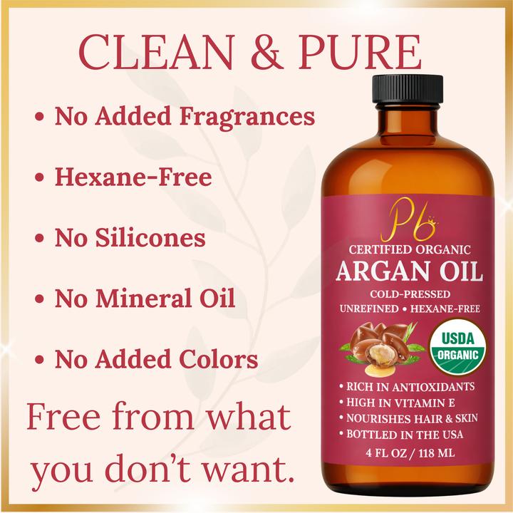 Pomberries USDA Organic Argan Oil 4 fl oz – Cold-Pressed, Unrefined Moroccan Argan Oil for Hair & Skin – Glass Bottle