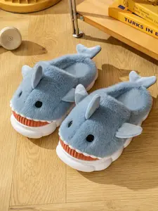 Cute Cartoon Shark Design Plush Slippers, Casual Soft Comfortable Home Slippers, Fuzzy Warm Slippers for Indoor & Outdoor Use for Women & Girls