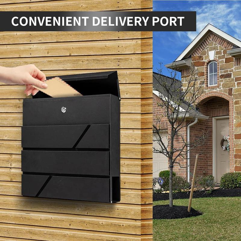 Mailbox Wall Mount,Large Capacity Locking Mailbox for Outside,Galvanized Steel Cover and Rust-Proof Metal  Box with Newspaper Holder,14.6"x14.6"x4.3" Black,MD025B