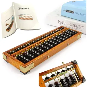 Vintage Style Wooden 13 Column(10.7 in) Soroban Abacus Professional Math Tool for Adults Kids with Guide Handbook Reset Button Anti-Skid Rubber Feet