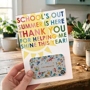 5 Pack Teacher Thank You Cards, Summer Sun Theme Gratitude Cards, Colorful Letter Design, End of School Year Gifts, Matching Gift Card Included