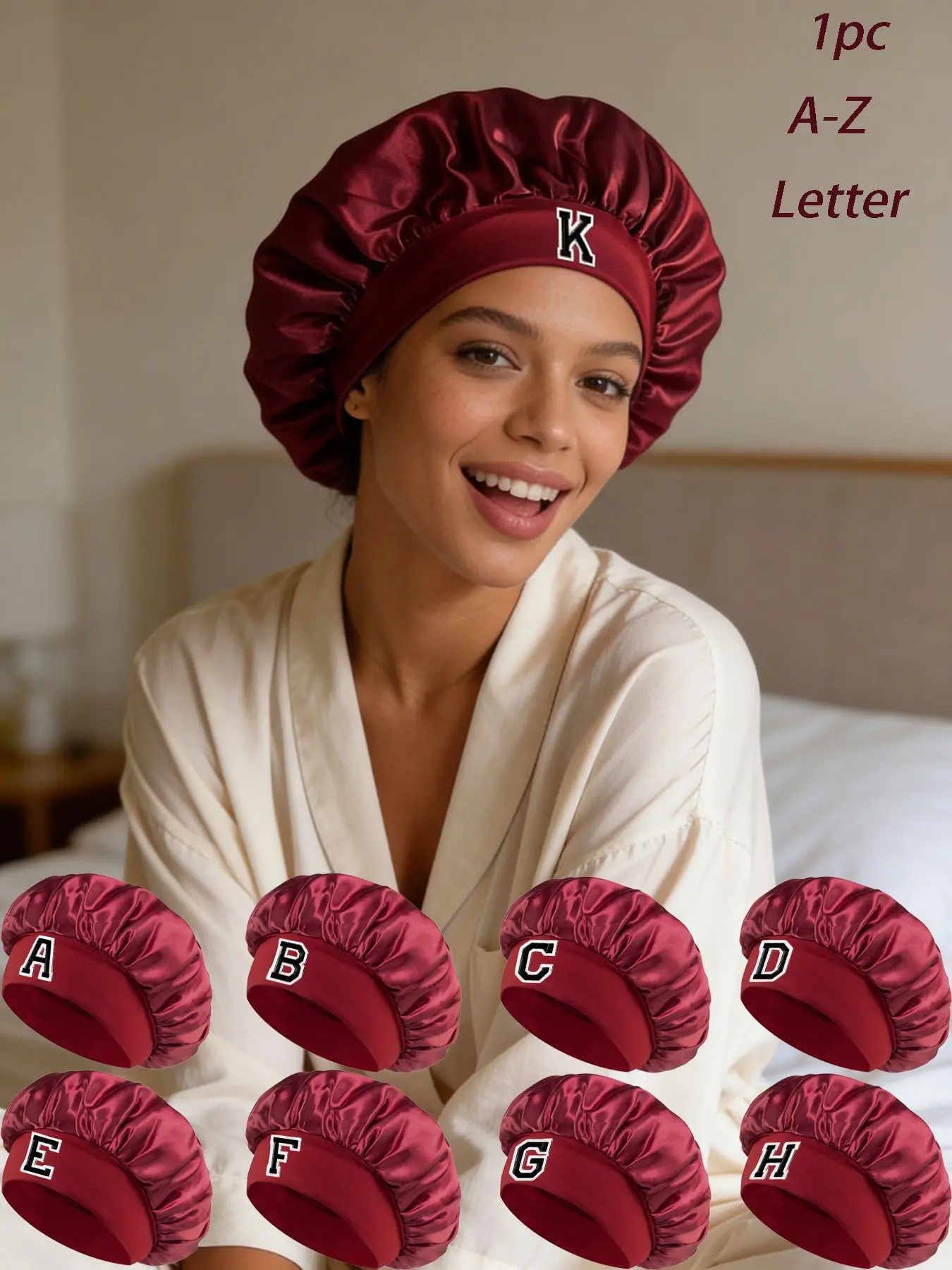 Customizable A-Z Letter Wine Sleep Cap, Hair Care Cap, Bonnets for Sleeping, Soft Silk-Like Hair Protection, Wide Elastic Band, Personalized Design, All Seasons