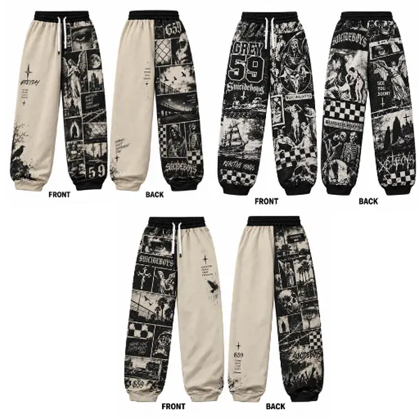 Retro Gothic Graphic Sweatpants, Pink Black Distressed Print Wide Leg Pants, Unisex Streetwear