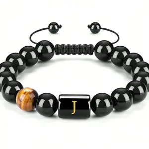Men’s Initial Beaded Bracelet with Black Agate & Tiger Eye Stone – Braided Lucky Charm Bracelet, Personalized Jewelry Gift for Him