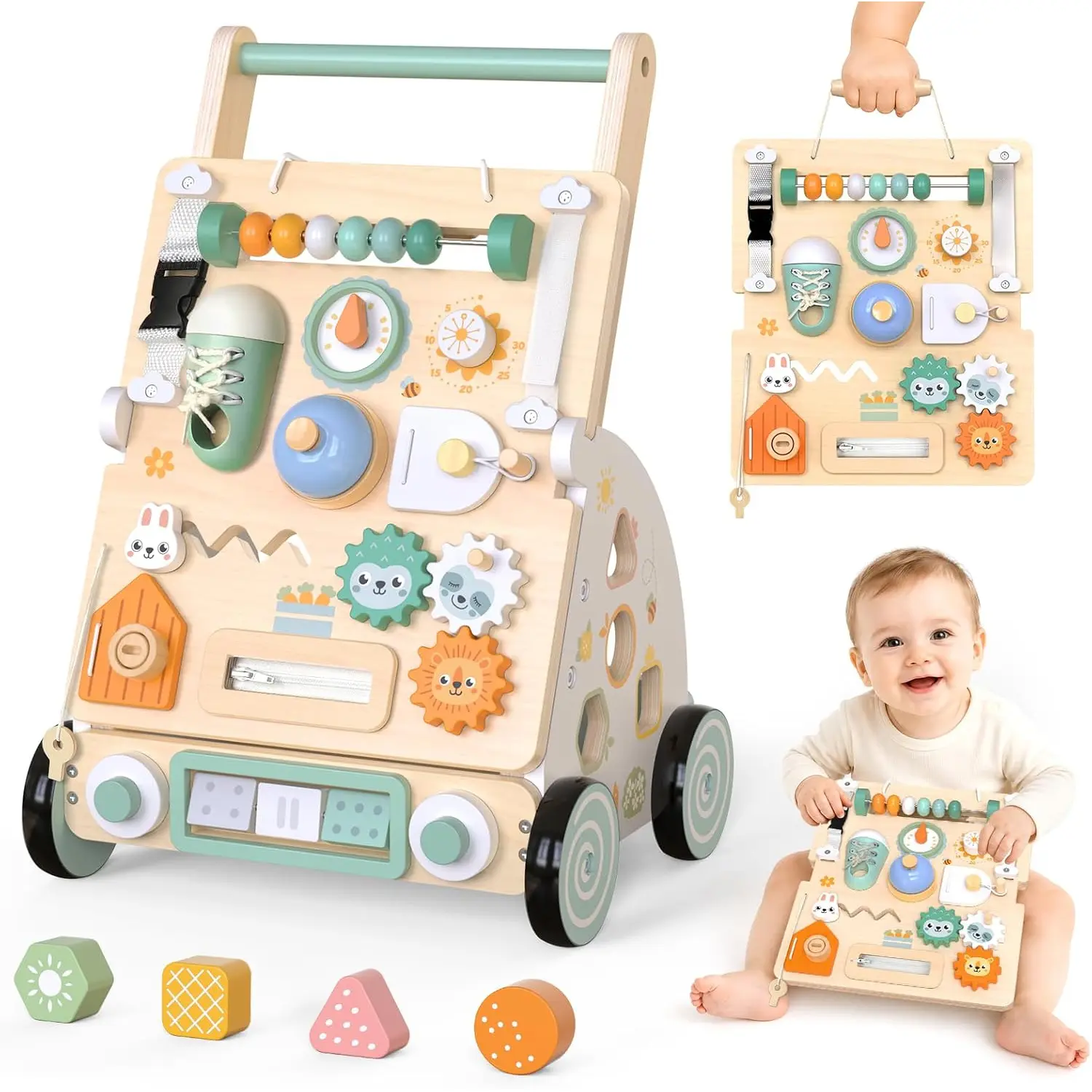 2 in 1 Wooden Baby Walker, Detachable Busy Board, Push Walker