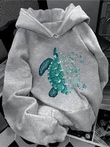 Women's Sea Turtle Print Thermal Drawstring Knit Hoodie Sweatshirt, Casual Hoodie for Daily Wear, Women Hoodie