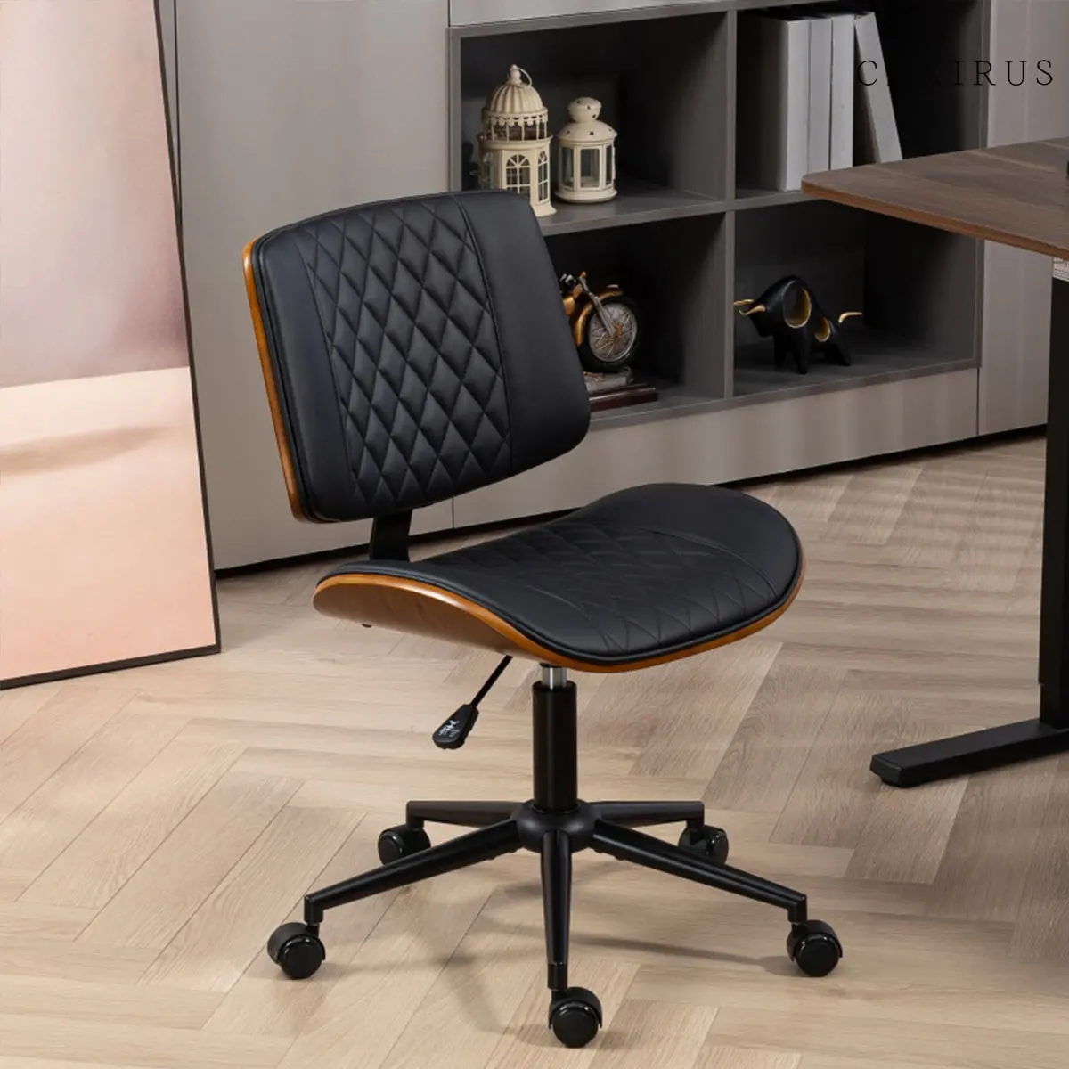CHAIRUS Home Office Chair No Arms with Wheels, PU Leather Desk Chair with Adjustable Height, 360 Swivel for Reading, Black
