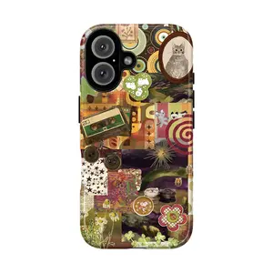 Retro Cat Collage Phone Case, Green Cassette Bicycle Snoopy Cupcake Ghost Cats Sunburst Flowers Abstract Patchwork Whimsical Vibes, Play Now Aesthetic Gift, iPhone 17 16 15 14 13 12 11 Pro Max Plus X, Galaxy S25 S24 S23 S22 S21 Ultra