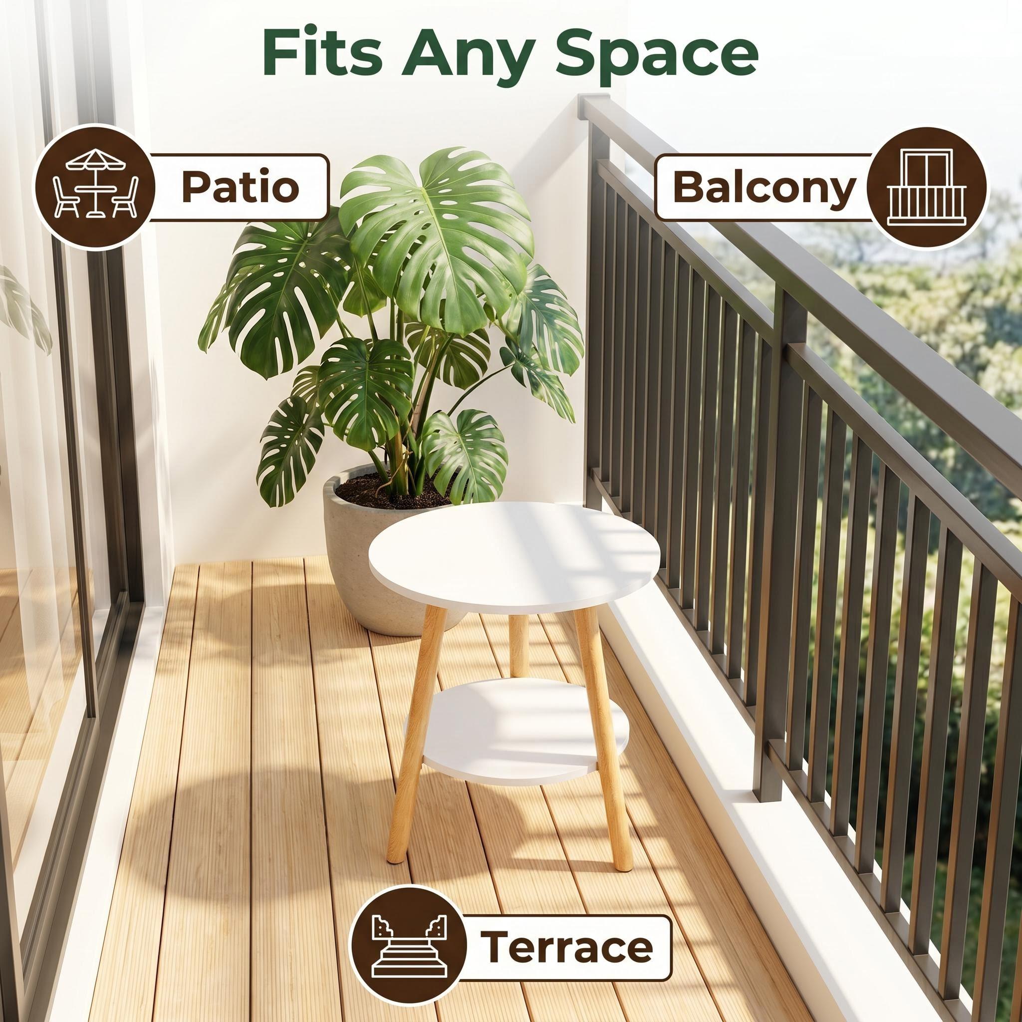 Outdoor Coffee Table Round Patio Side Table Double Layer Weather-Resistant Small Accent Table Modern White & Wood Finish for Garden Balcony Terrace