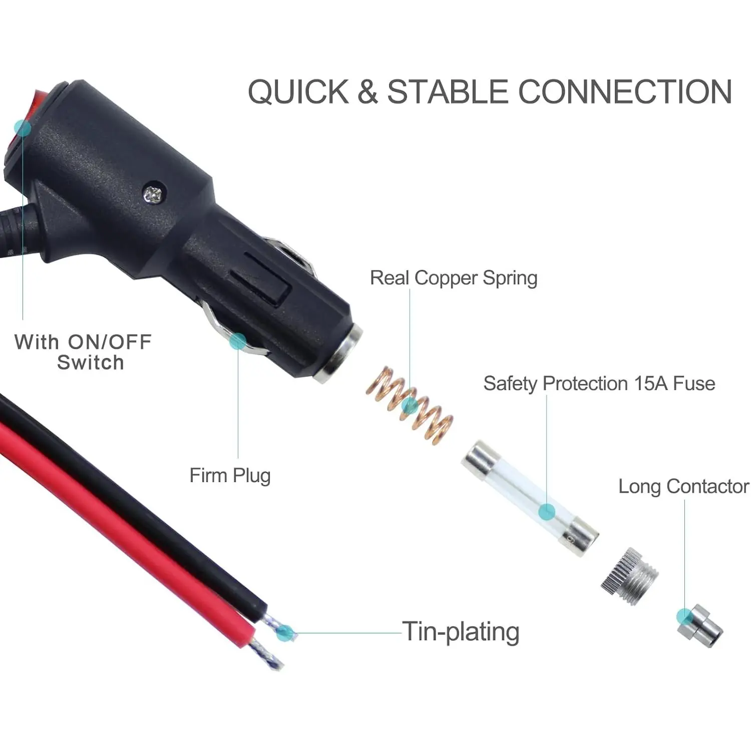 car stuff12V Fused Replacement Cigarette Lighter Male Plug with On Off  Switch - 2FT 12Volt 15amp Cigarette Lighter Plug with Leads and Led Lights,  16AWG Ci
