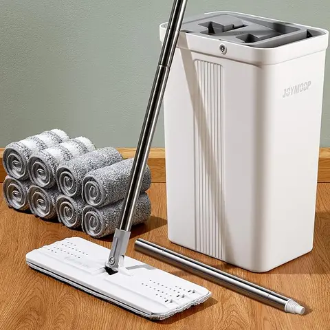 JOYMOOP Adjustable Microfiber Mop Kit - 26.5 to 60.9 Inches Telescopic Handle, 360° Rotating Flat Mop-Head, Hands-Free Self-Clean Wringer, Reusable Wet & Dry Pads with Replacements, Bucket System for Home Care Cleaning