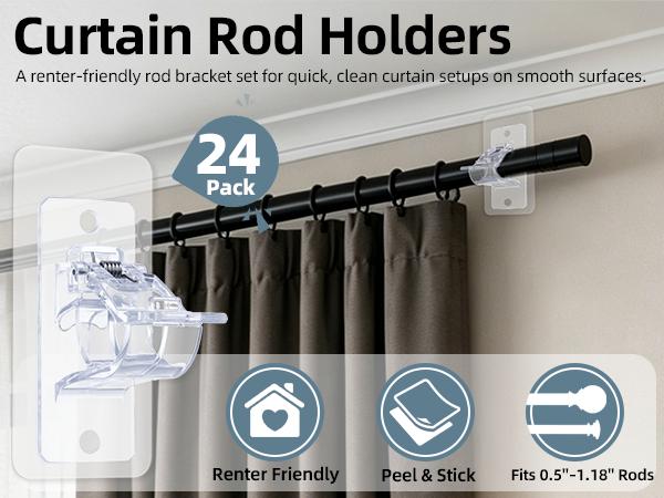 6 Pack No Drill Curtain Rod Brackets, Self Adhesive Rod Holders, Renter Friendly College Dorm Essentials for Apartment, Bathroom & Bedroom, Back to School, Fallhomedecor, Sohochic