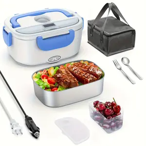 Electric Heating Lunch Box, 3 in 1 12V/24V/110V Car-Mounted Heating Lunch Box, Portable Microwave Oven, with 50.72 Oz 304 Stainless Steel Container/Fork/Spoon/Heat Preservation Bag