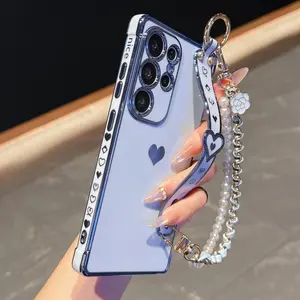 Heart Design Phone Case Cover with Wrist Strap & Detachable Camellia Lanyard, Soft Tpu Protection for Samsung Galaxy S20-S26 Series,  soft TPU protective shell, Accessories, is the birthday, Christmas, and friends of the fashion gifts good choice.