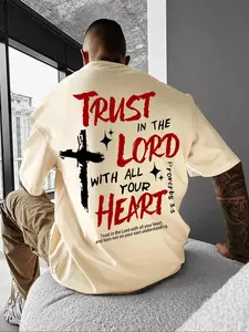 Men's Cross & Letter Print Round Neck Graphic Tee, Regular Fit Casual Short Sleeve T-shirt for Summer, Men's Top for Daily Wear