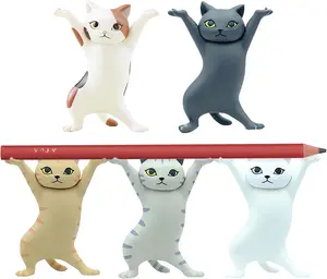 5 Pcs Cat Pen Holder Airpod Holder Stand,Anime Raising Hands Dancing Cat Model Desk Decor Funny Office Desk Decor for Women Girls