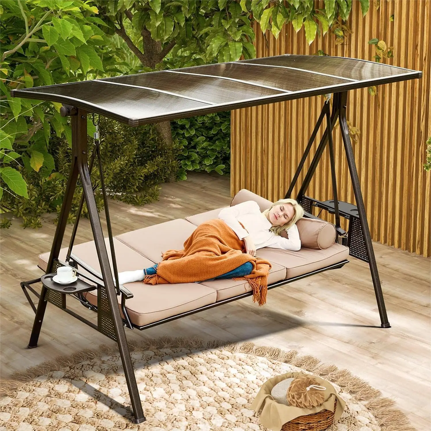 Outdoor Heavy Duty Porch Swing, Swing Chair Bed with Adjustable Canopy Removable Cushion and Steel Frame, Modern Patio furniture,Garden,Backyard,Lawn