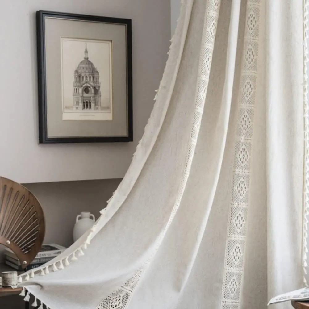 Beige Cotton Boho Curtains - Tassel, Semi-Blackout, Lace Patchwork, Vertical Pattern Drapes, Single Panel 59x63" Window Panels for Living Room, Bedroom (Rod-Compatible)