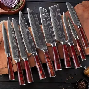 Professional Chef 10-Piece Japanese Kitchen Knife Set - Ultra Sharp Laser Damascus Pattern High Carbon Steel Handle Chef Knife for Deboning and Vegetables