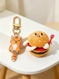 1-Piece Set: Cat Metal Keychain + Plush Burger Charm — Adorably Soft Plush Burger Pendant & Orange Tabby Tail Keychain. A Stylish Bag Accessory—The Perfect Gift for Couples, Best Friends, Men, Women, and Young Professionals.