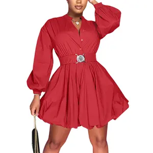 Echoine Puffy Mini Dress Women's Bubble Button Down with Belt A-Line Minimalist Design Comfortable Fit Buckle Formal Polyester Elastic birthday homecoming Casual Elegant Long Sleeves Bridal Soft Womenswear graduation dress sundress easter dresses 2026