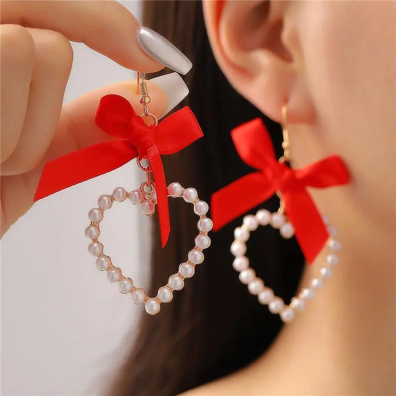 Elegant Sweet Heart Pearl Bow Dangle Earrings for Women Colorful Ribbon Bowknot Drop Earring Ladies Valentine's Day Jewelry Gift