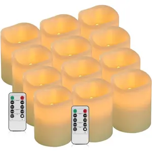 Set of 12 Ivory Real Wax Flameless Pillar Candles, Battery Operated LED Candles with 10‑Key Remote & 24H Cycling Timer, 3"D x 4"H for Home Father’s Day Decor