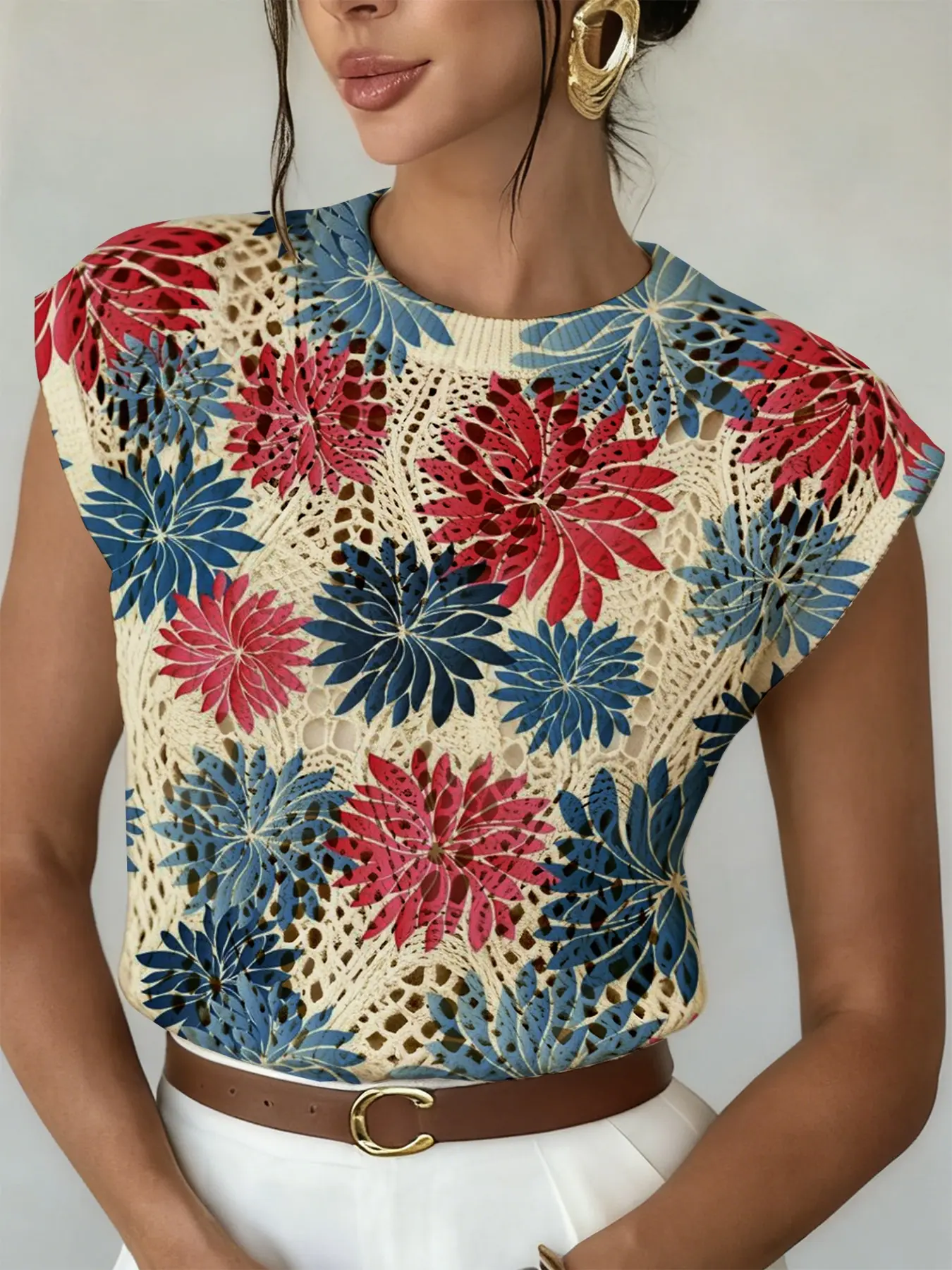 Women's Boho Colorblock Floral Knit Sweater, Hollow Out Round Neck Long Sleeve, Casual Loose Fit, Spring & Fall Fashion