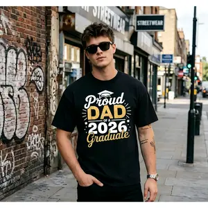 Class of 2026 Graduation T-Shirt - Proud Dad of a 2026 Graduate, Golden Lettering & Diploma Design, Loose Fit S-XXXL, Black Casual Shirt for 2026 Year Parents Gift graphic tee casual top stylish man cool