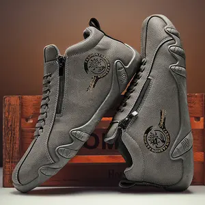 Men's High-Top Outdoor Waterproof Work Boots Soft Sole Soft Leather Slip-On Lazy Sports Casual Shoes Non-Slip Flat Driving Shoes with Zipper
