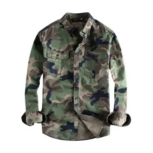 Washed Camouflage American Workwear Long Sleeve Shirt for Men with Double Pockets Versatile Casual Youth Top Dress Menswear