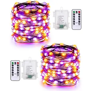 Orange Purple Halloween Lights, 2 Pack 16.4ft 50 LED Orange Fairy Lights String, 8 Modes  Operated Purple Twinkle Tree Lights with Remote Timer for Party  Indoor Outside Decor