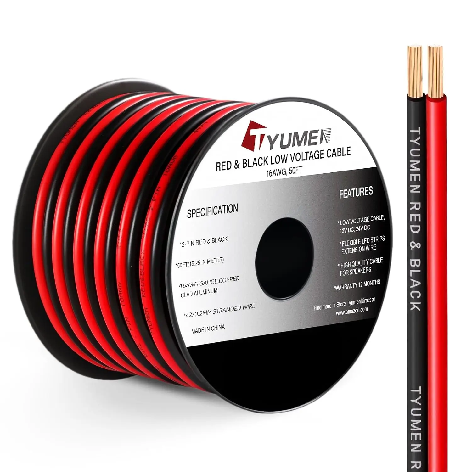 16 Gauge Red Black Wire 50FT, 16/2 AWG Parallel Electrical Wire 12V/24V DC Cable, 16AWG Flexible Copper Claded Aluminum Extension Cord for LED Ribbon Lamp Tape Lighting, in-Home, Autos Use