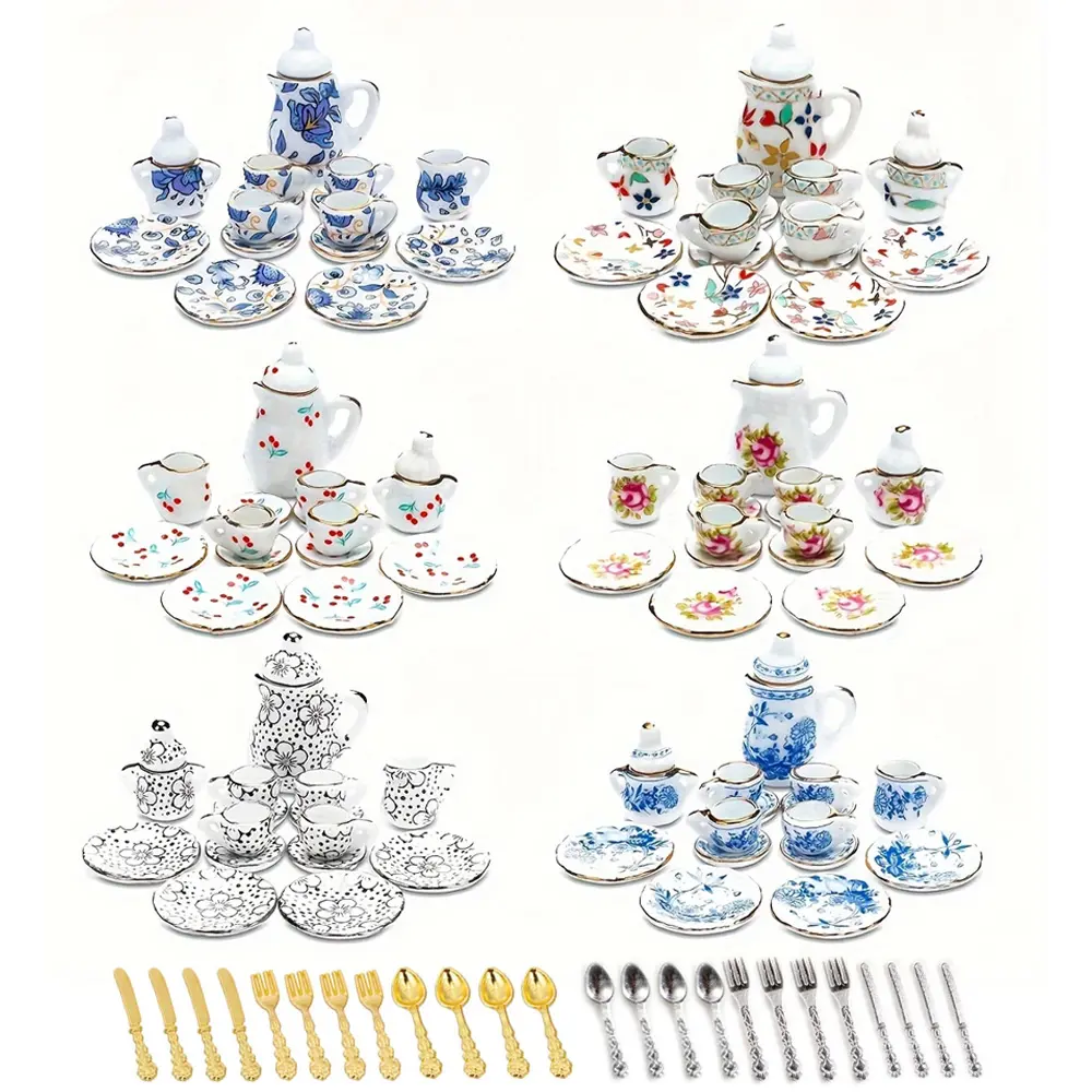 Miniature Chinese ceramic teapot set, 1:12 scale Miniature porcelain tableware, home decor resin kitchen accessories, ideal birthday gift with mini floral pattern