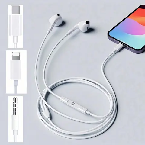 1PC Wired In-Ear Headphones with Mic & Volume Control, Optional Flat Port / Type-C / 3.5mm for Daily Use, Wired Earphones