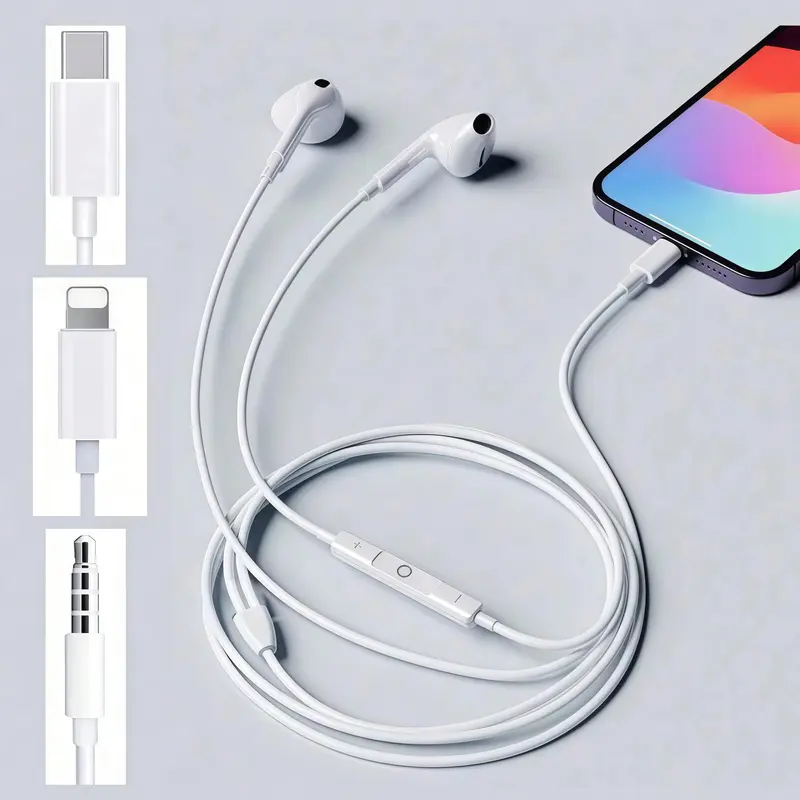 1PC Wired In-Ear Headphones with Mic & Volume Control, Optional Flat Port / Type-C / 3.5mm for Daily Use, Wired Earphones