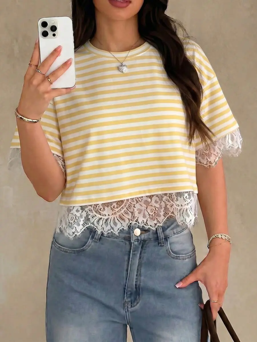 Lace Patchwork Comfortable Short Sleeve T-Shirt, New White Cropped Loose Fit Midriff-Baring Top Casual Summer Cotton Fabric