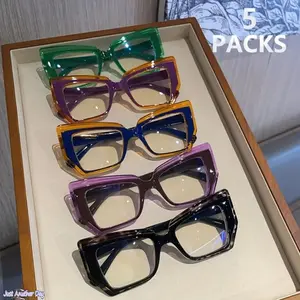 Retro cat-eye glasses, 5-piece set. Large polygonal frame. Colorblock design. Inspired by French oil paintings. Simple and stylish. Non-prescription glasses. Suitable for casual and formal occasions.