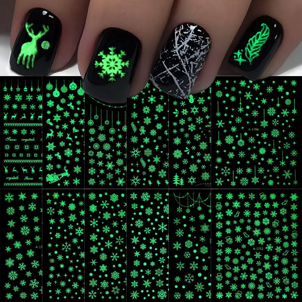12pcs 3D Snowflake Glow In The Dark Christmas Nail Art Stickers Luminous Deer Snowman Adhesive Slider 2025 New Year Xmas Decals