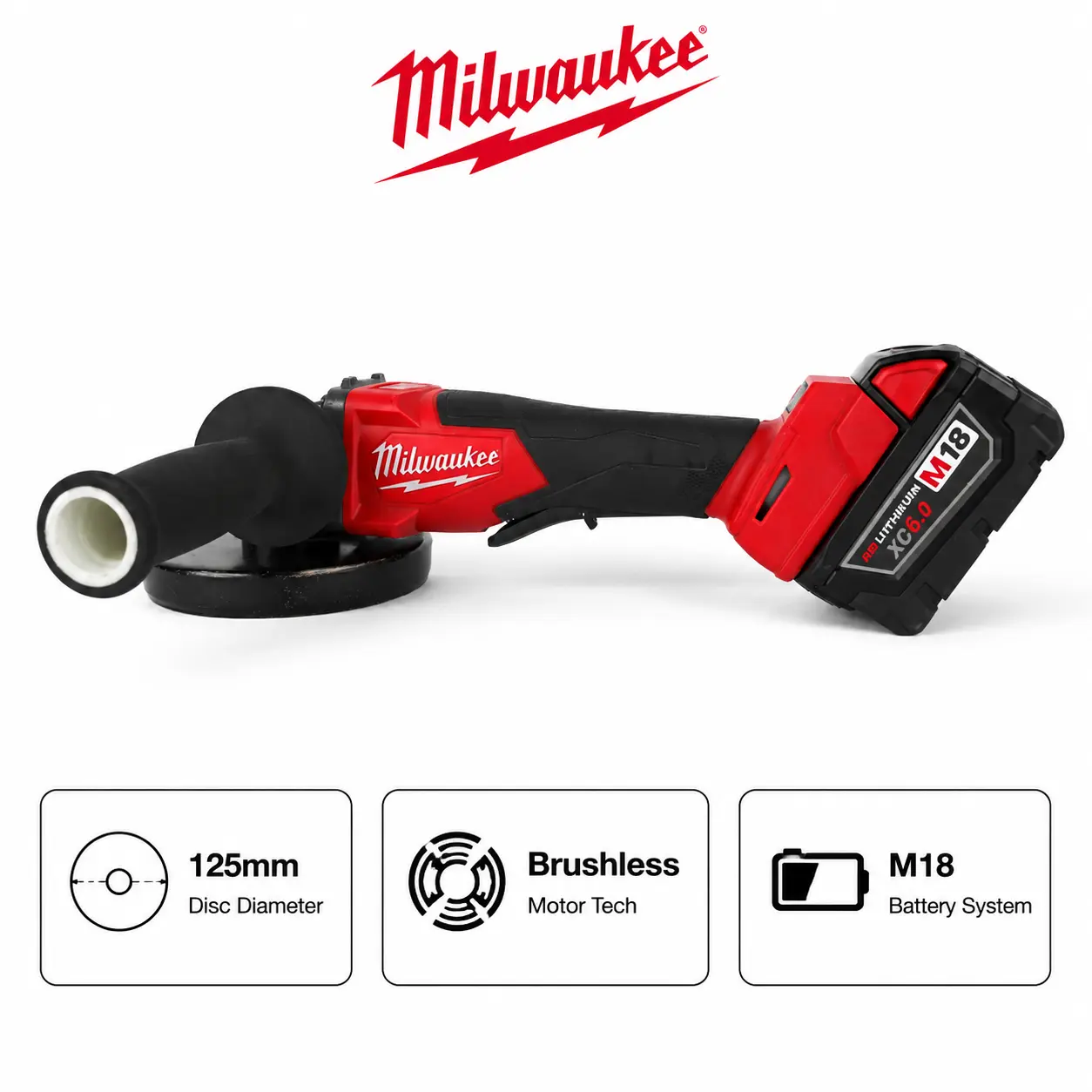Milwaukee M18 Rechargeable Industrial Angle Grinder - 125mm (5 inches) Cordless Grinding Machine, XC6.0 Battery Included, 5-Inch Wheel Guard, Paddle Switch Matrix for Heavy Steel Cutting, Metal Fabrication Power Tools Grinders