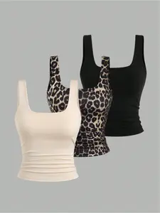 Fashionable and versatile for all seasons, trendy front and rear neck gathered women's three-piece vest set