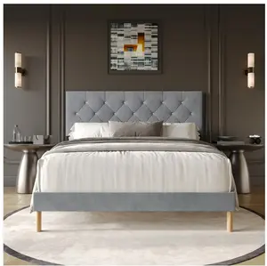 Modern Diamond Tufted Velvet Upholstered Full Bed, Light Grey