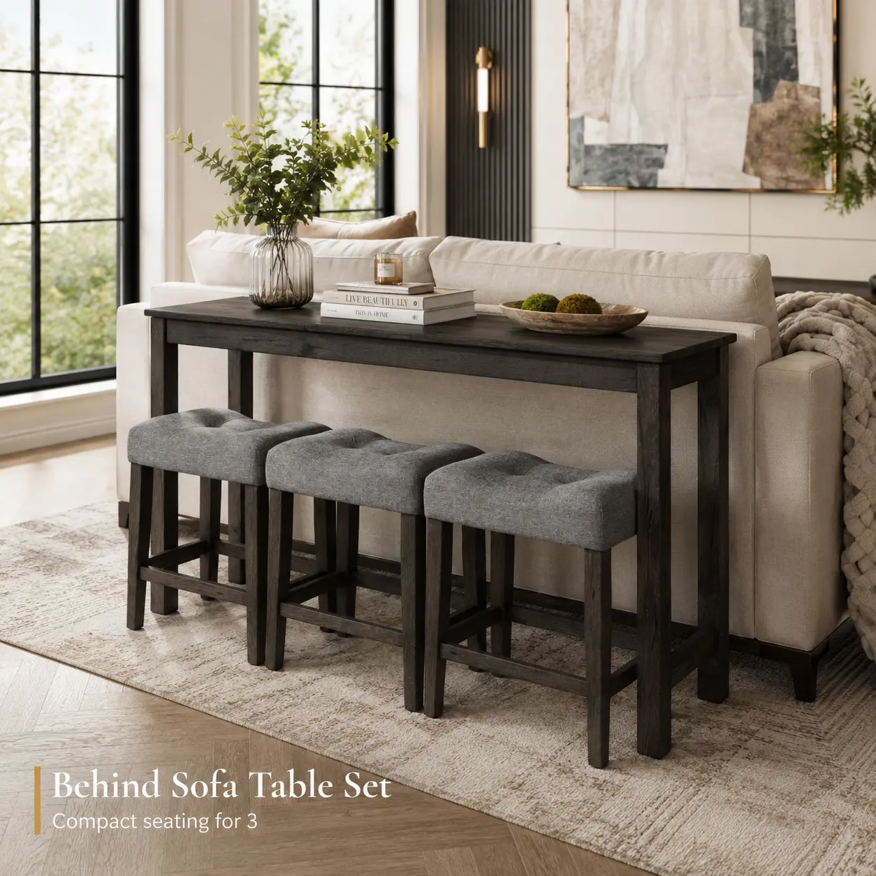 4-Piece Bar Table Set with Built-In Power Outlet, Counter-Height Dining Table and 3 Upholstered Stools, Space-Saving Console Table Set for Living Room, Dining Room or Game Room