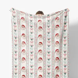 1pc Santa Claus Blanket, Red and Green Girl's Christmas Candy Cane Bow Blanket, Flannel Blanket for Sofa Bed, Home Bedroom, Living Room Decoration