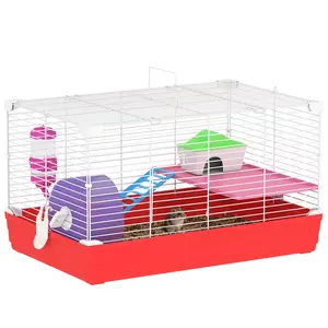 PawHut 18.5" Hamster Cage with Exercise Wheel and Water Bottle, Dish, Rat House and Habitat 2-Story Design, Red