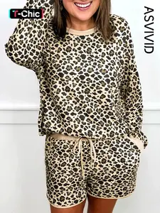Women's Casual Leopard Print Contrast Trim Long Sleeve Pullover with Drawstring Pockets Shorts, Two-Piece Set Outfit, For All Seasons