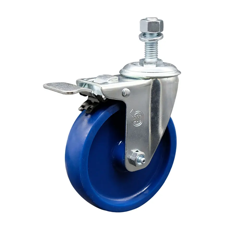 Service Caster Lockable Swivel Wheels Solid Polyurethane Threaded Stem Caster, 5x1.25 in. Blue Wheel, 0.5 in. Stem, Total Locking Brake, Lockable Wheels
